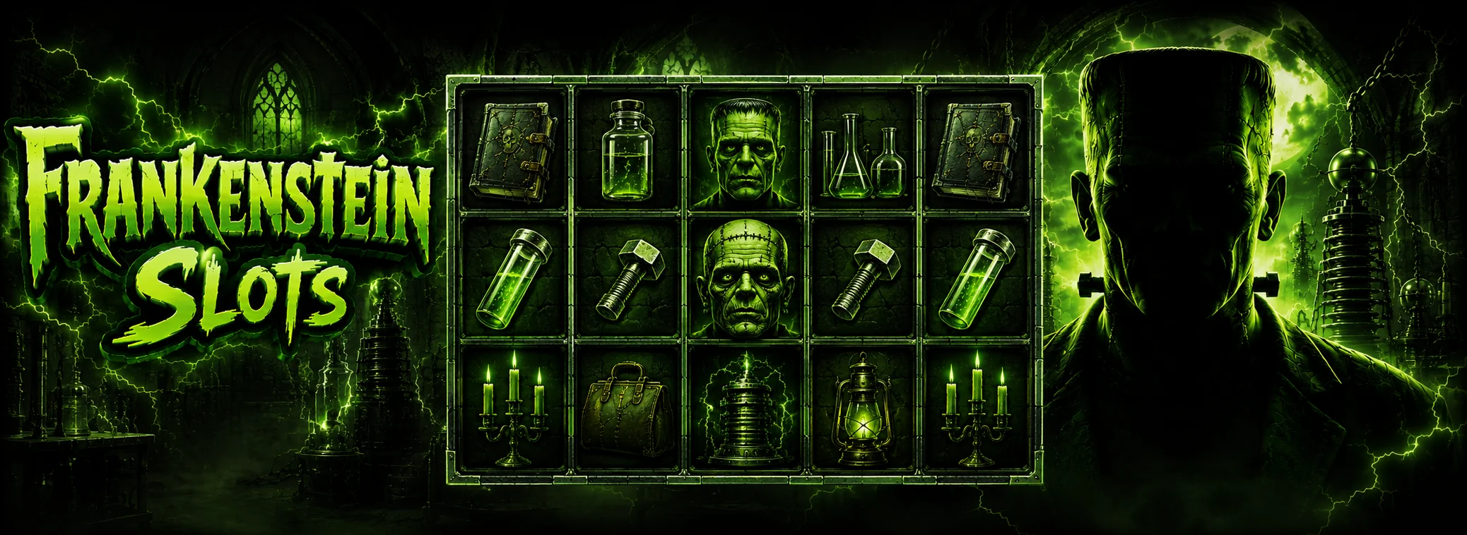 Frankenstein 5x3 reel grid with laboratory symbols